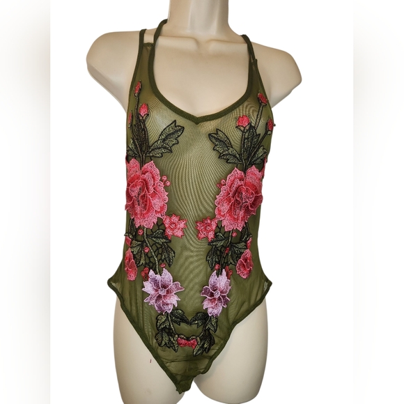 top chic Tops - Top Chic Olive Green Sheer Mesh Floral Embroidered Bodysuit - One Size (M/L)